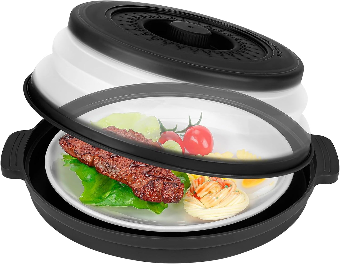 10.7 Inch Microwave Food Cover with Heat Insulation Mat, Anti-Scald Collapsible Microwave Splatter Cover, Multi-Functional as Colander & Fruit Plate, Dishwasher Safe, Ideal for Meal Prep (Gray)