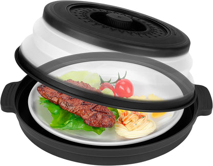10.7 Inch Microwave Food Cover with Heat Insulation Mat, Anti-Scald Collapsible Microwave Splatter Cover, Multi-Functional as Colander & Fruit Plate, Dishwasher Safe, Ideal for Meal Prep (Gray)