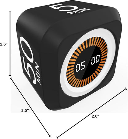 Rotating Cube Pomodoro Visual Timer 5, 25, 10 50 Minutes Preset, Rechargeable Desk Productivity Flip Custom Countdown Timer w/Silicone Cover, Silent Mode for ADHD Study, Work, School(Orange)