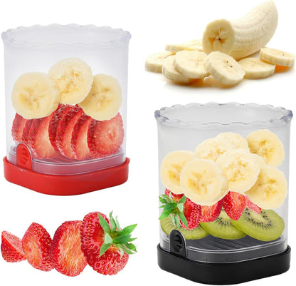 2 Pcs Fruit Slicer Cup, Strawberry Cutter Slicer Cup, Banana Egg Slicers Detachable Fruit with Push Plate, Strawberry Cutter Kitchen Gadget (Black & Red)