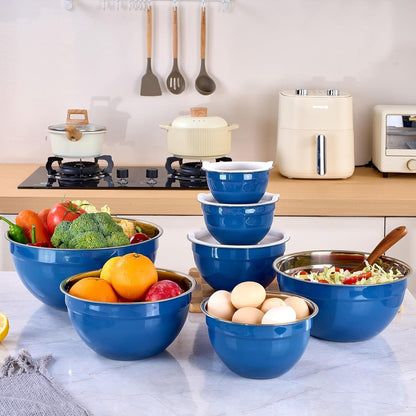 Red Mixing Bowls with Lids Set of 7, Stainless Steel Nesting Bowl with Khaki Lid for Non-slip Mixing Prepping Storing Serving, 7 Sizes-7/3.6/2.7/2.1/1.5/1/0.8 QT