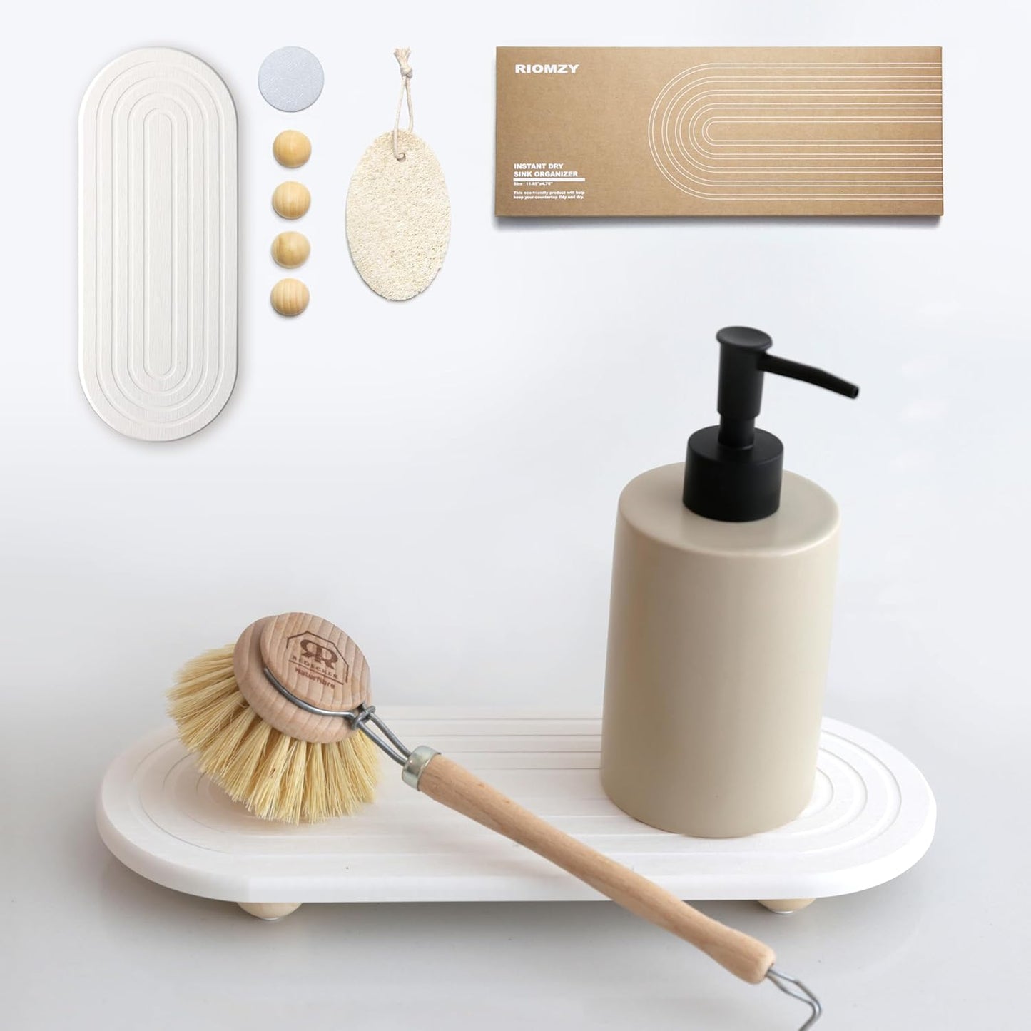 Instant Dry Sink Caddy Organizer – Water Absorbing Stone Tray for Kitchen Bathroom Countertop, Fast Drying Sink Caddy (with Wooden Feet and Natural Loofah, Gray)