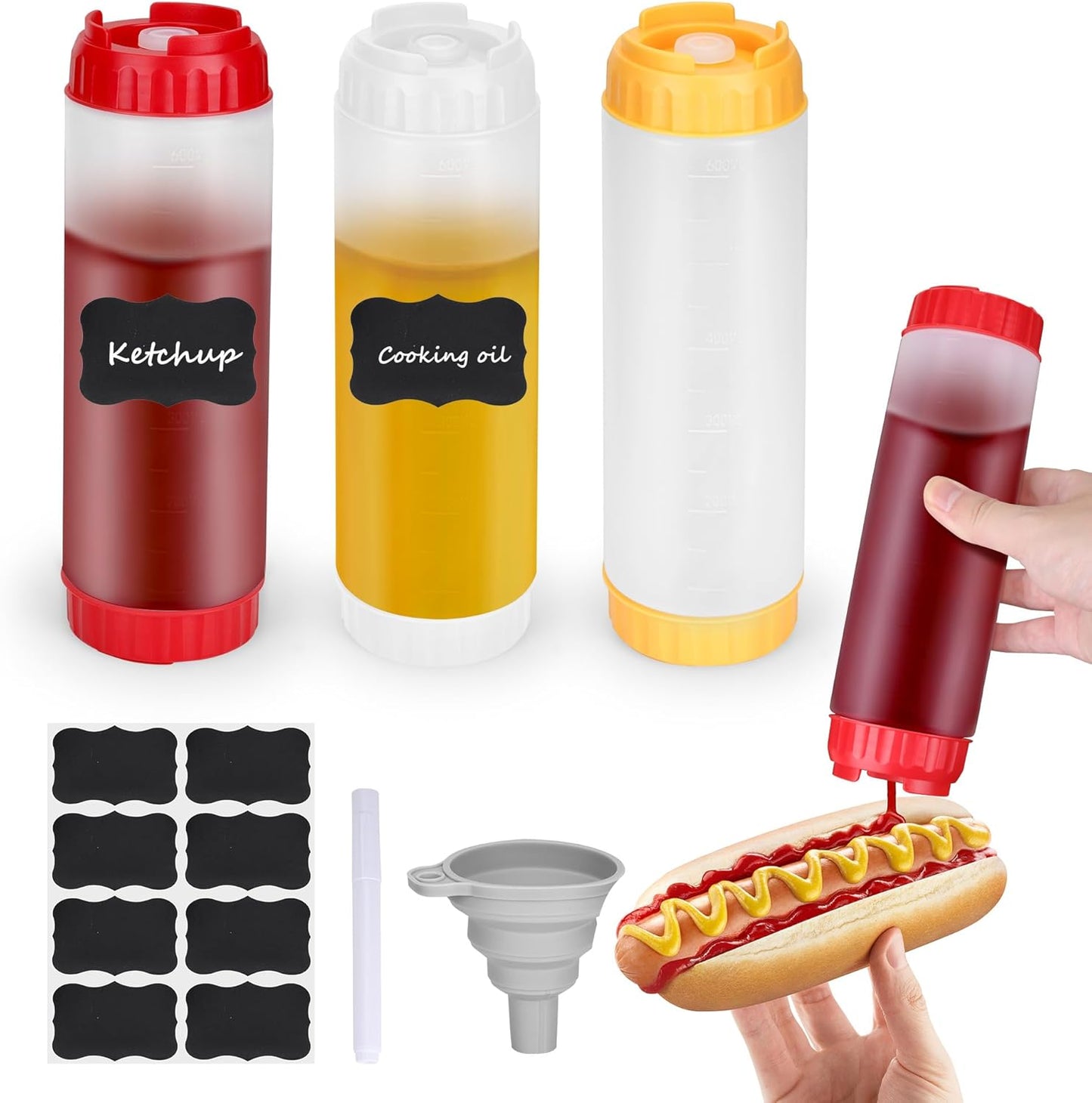 3pcs 20 oz Inverted Condiment Squeeze Bottles, Leak-proof Refillable Sauce Container for All Types Liquid, Plastic Squeeze Dispenser for Ketchup Mustard Mayo Honey Syrup Oil