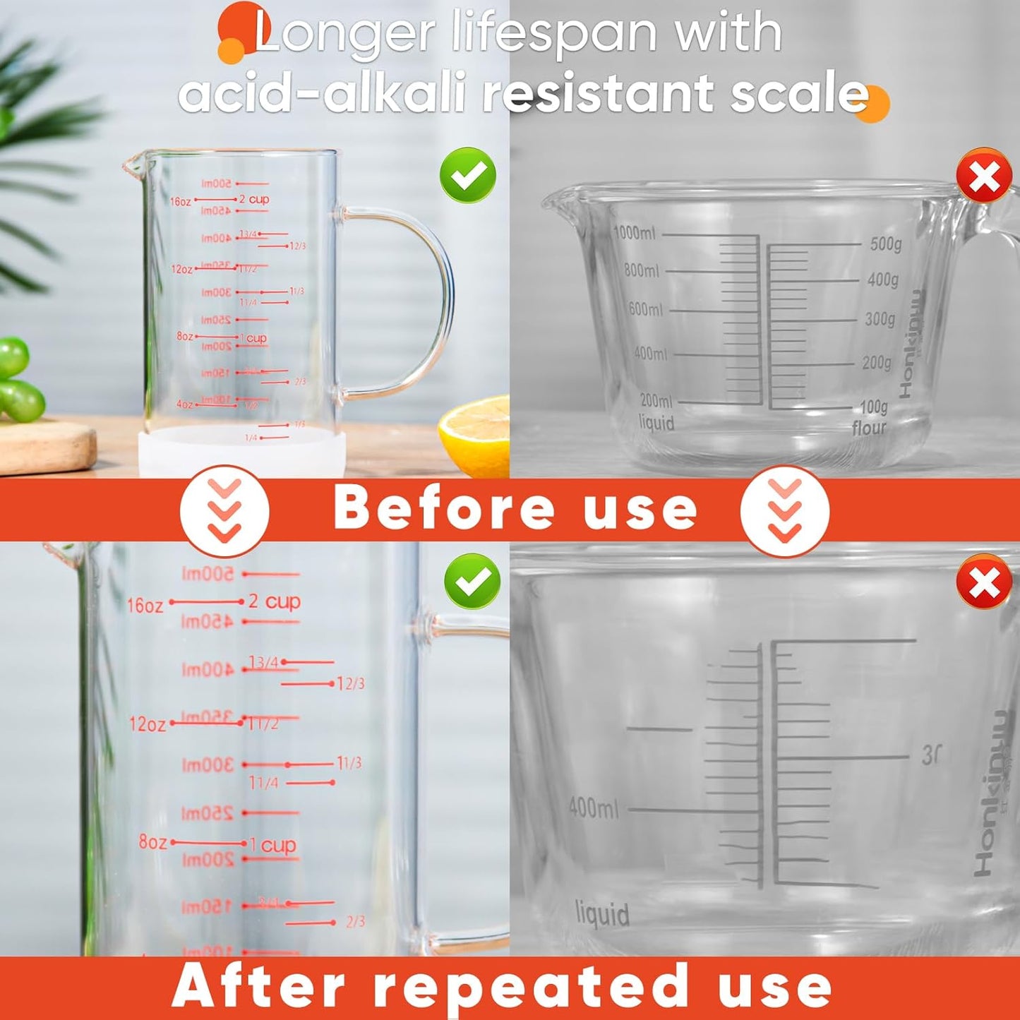 4 Cup Glass Measuring Cup with Handle, 77L High Borosilicate Glass Measuring Cup with V-Shaped and Three Scales (Cup, OZ, ML), Glass Liquid Beaker with Silicone Base, Double-Sided Measure Scales
