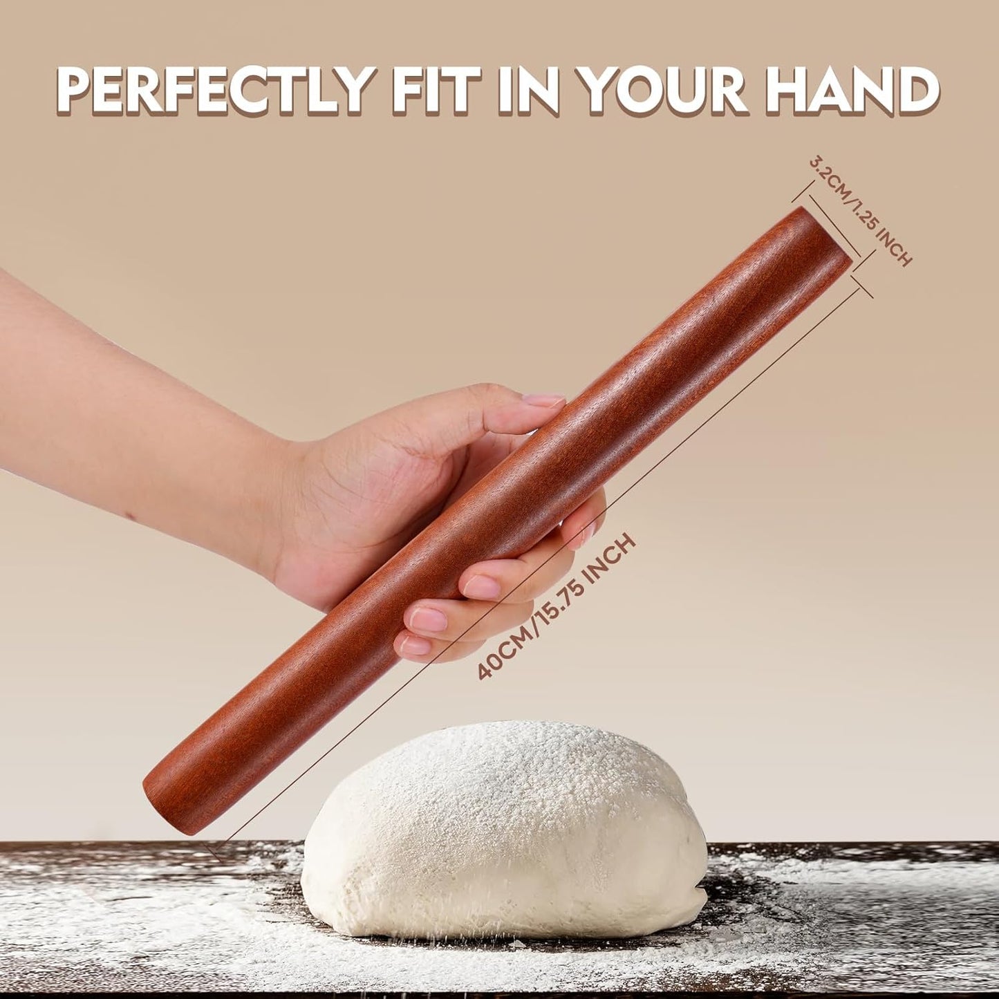 Wood Rolling Pin (15.75 Inches), Non-Stick Rolling Pin for Baking, Natural Sapele Wood Dough Roller for Pizza, Fondant, Pie, Cookie, Pastry, Essential Kitchen Tool