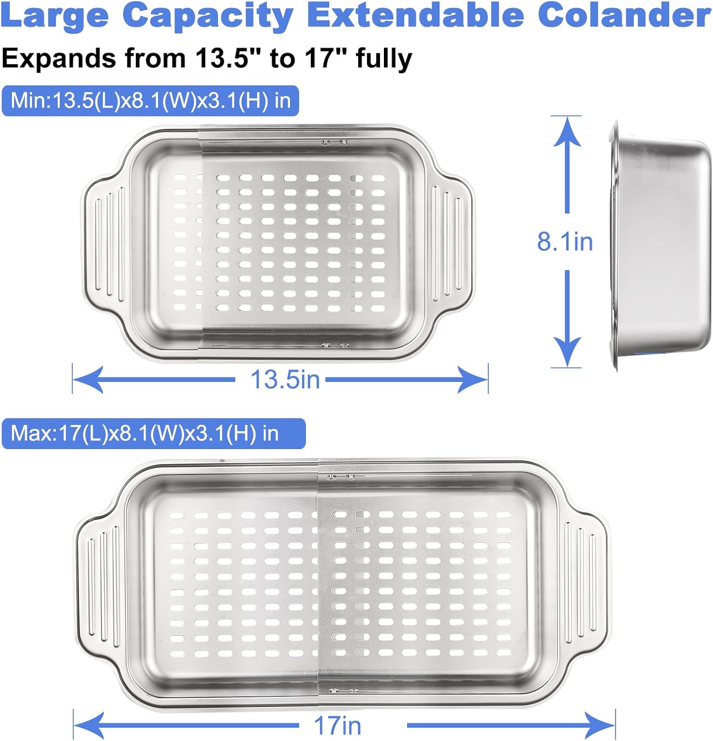 Extendable Over the Sink Colander 13.5-17 in, 304 Stainless Steel Basket for Kitchen– Rust-resistant, Dishwasher Safe for Apartment/RV/Camper, Space-Saving Veggie & Pasta Drainer