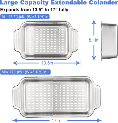 Extendable Over the Sink Colander 13.5-17 in, 304 Stainless Steel Basket for Kitchen– Rust-resistant, Dishwasher Safe for Apartment/RV/Camper, Space-Saving Veggie & Pasta Drainer