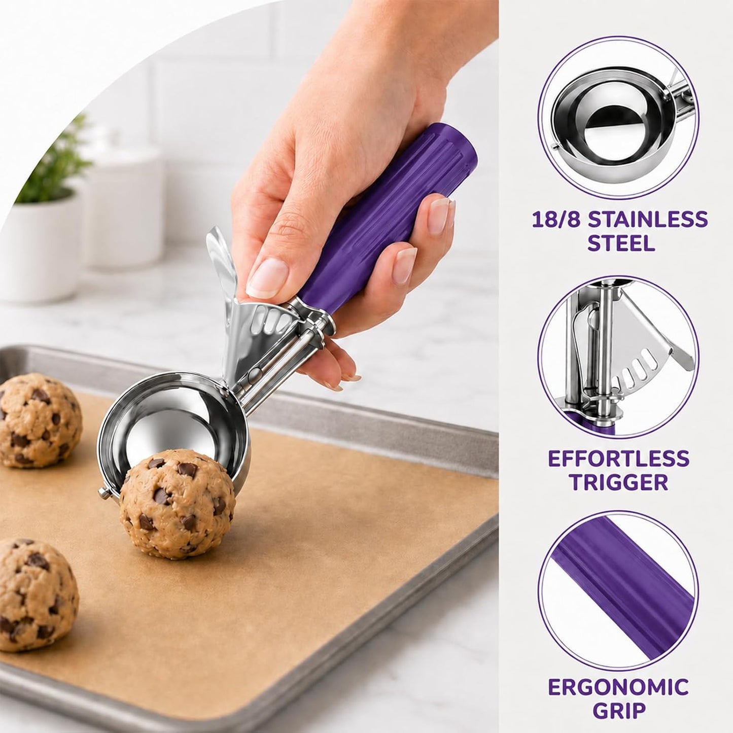 Cookie Scoop Set of 3, Ice Cream Scoop with Trigger Release & Anti-Freeze Grip, 18/8 Stainless Steel Cookie Scoops for Baking, Portion Scooper for Cookie Dough, Cupcake, Mashed Potatoes (S/M/L)