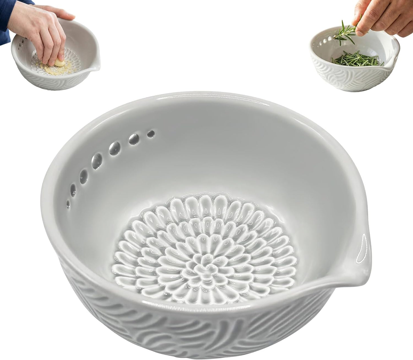 Ceramic Herb Stripper Bowl and Garlic Grater, 2-in-1 Handmade Herb Bowl with 7 Hole Sizes for Kale, Built-In Garlic Ginger Grater Plate Tool, Multi-functional Kitchen Tool with Drainage Port (1 Pcs)