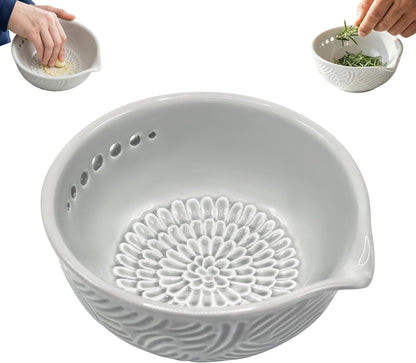 Ceramic Herb Stripper Bowl and Garlic Grater, 2-in-1 Handmade Herb Bowl with 7 Hole Sizes for Kale, Built-In Garlic Ginger Grater Plate Tool, Multi-functional Kitchen Tool with Drainage Port (1 Pcs)