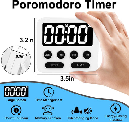 Pomodoro Timer, Productivity Timer with Large Display, Digital Kitchen Timers for Cooking, Settings 1-5-10-25 Minutes, White