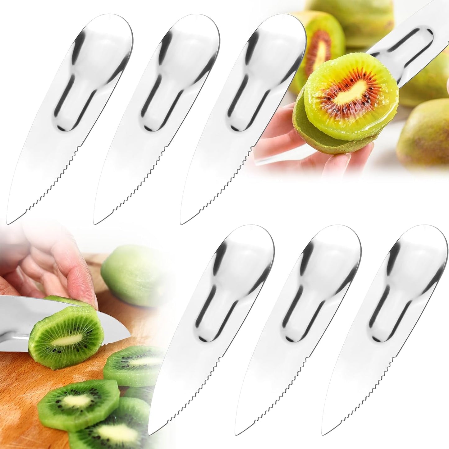 6pcs Stainless Steel Kiwi Knife and Spoon, 2-in-1 Flexible Kiwi Peeler and Fruit Scoop Tool, Multipurpose Mango Slicer and Avocado Cutter for Kitchen and Travel, Silver