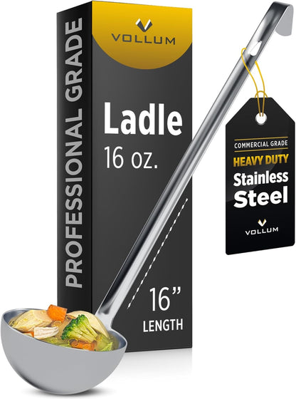 Vollum 1-Piece Stainless Steel Ladle - Heavy Duty Commercial Thick Stainless Steel - 8 Ounce (3.9" Bowl Diameter, 15.1" Handle Length)