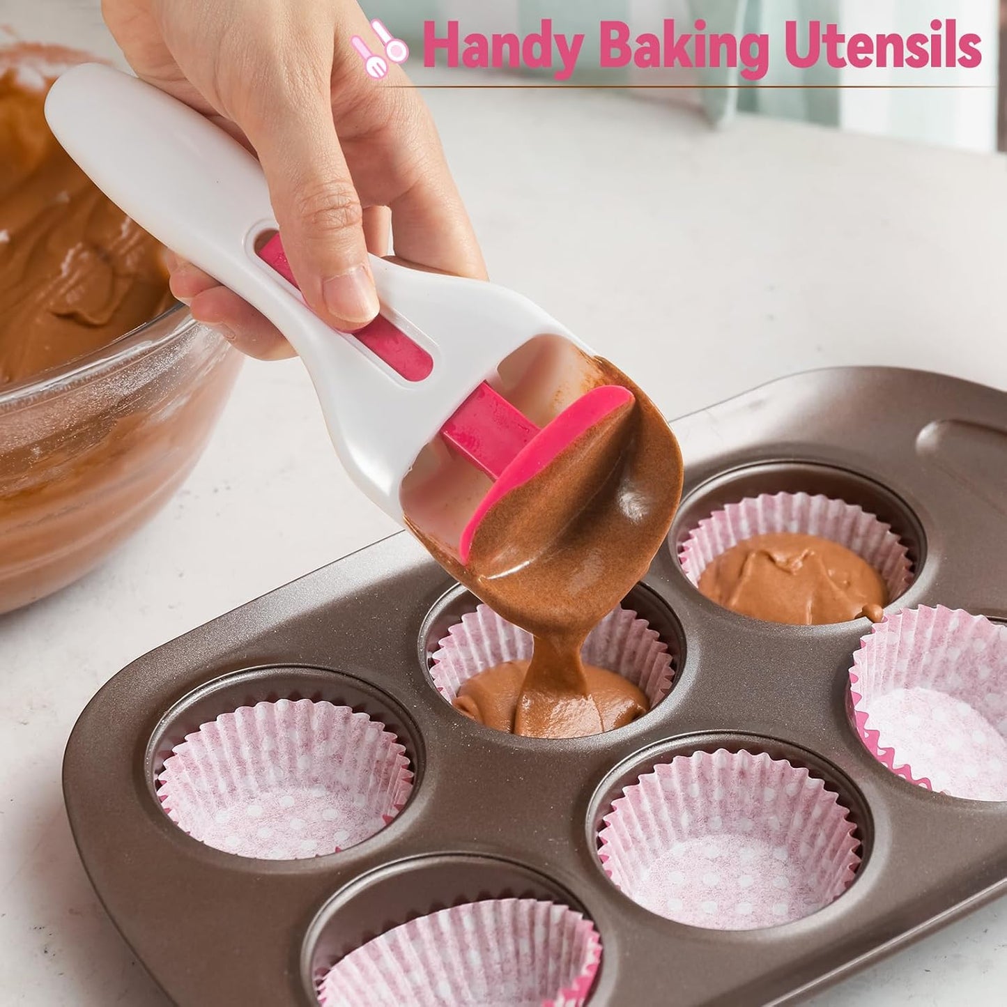 2PCS Cupcake Batter Scoop, One Click Sliding Button Cake Cream Spatulas for Elegant Baking, Pastry & Cake Decorating, ABS and TPE Material