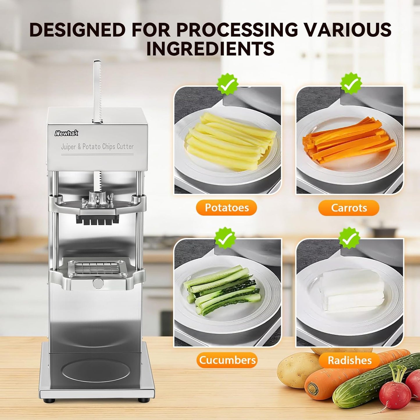 Newhai Electric 2 in 1 Commercial French Fry Cutter & Juicer, Heavy Duty Automatic Potato Cutter & Orange Lemon Juicer, 304 Stainless Steel with 3 Dicer Blade 110volt