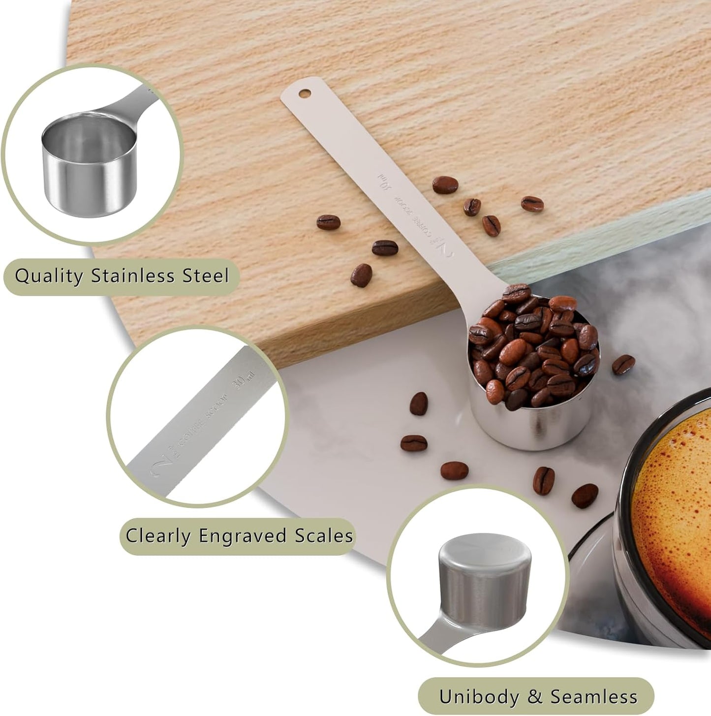 LEIFENY 1PCS 2 Tablespoon(2tbsp, 30ml, 1/8cup) Coffee Scoop, Long Handle Measuring Spoon, Stainless Steel Scooper