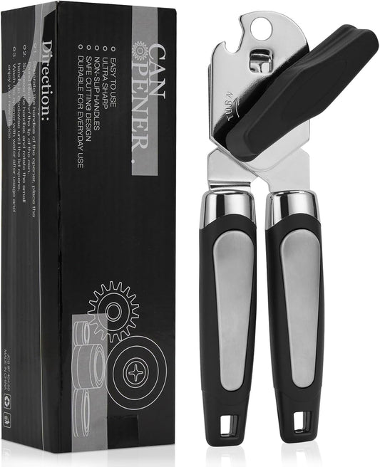 Manual Can Opener with Stainless Steel Sharp Blade, 3-in-1 Multifunction Handheld Can Opener and Bottle Opener, Soft Ergonomic Cushioned Handle