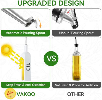 Vakoo Oil and Vinegar Dispenser Set - 17oz/500ml, Extra Thick Glass, Leak-Proof, Olive Oil Dispenser Bottle for Kitchen (White Black)
