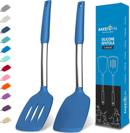 BakeRoyal Silicone Spatula Set - Turner Spatulas Silicone Heat Resistant 600°F - Slotted & Solid Spatula for Cooking Fish, Eggs, Pancakes Flipper – Spatulas for kitchen use – Royal Blue
