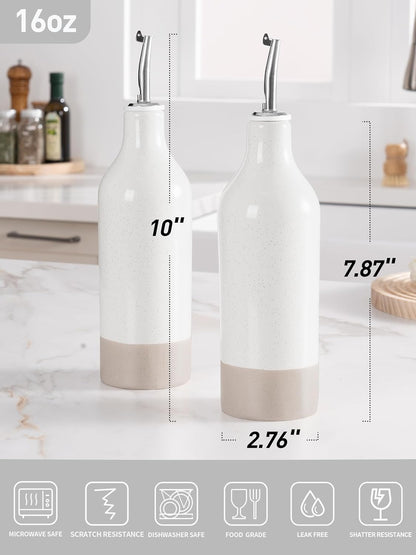 famiware Milkyway 16oz Ceramic Olive Oil Dispenser Bottle, 1 Piece Oil Dispenser for Kitchen with Stainless Steel Pourers, Suitable for Storage Vinegar, Soy Sauce, Coffee Syrup, Liquids, White