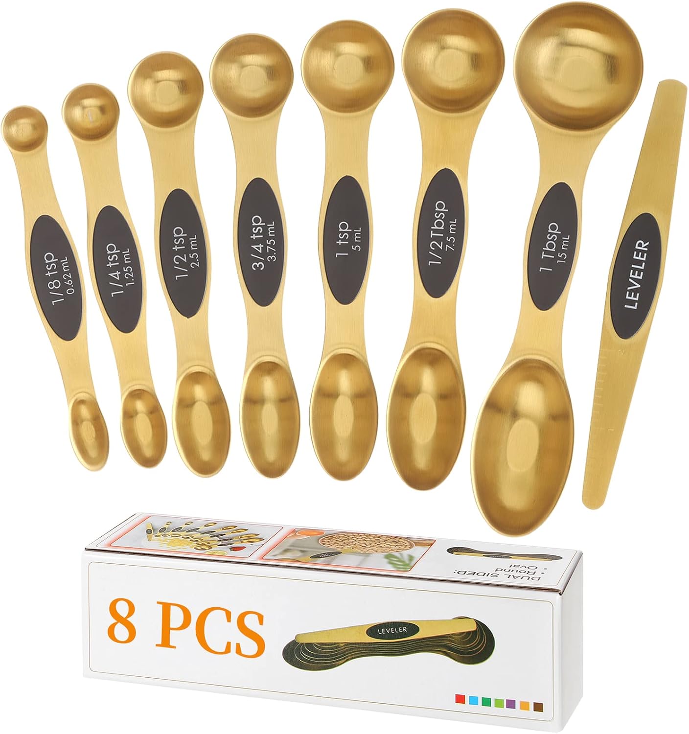 Magnetic Measuring Spoons Set, Stainless Steel, Dual Sided, Stackable, Dual Sided for Measuring Dry and Liquid Ingredients, Fits in Spice Jars, Set of 8（Gold ）