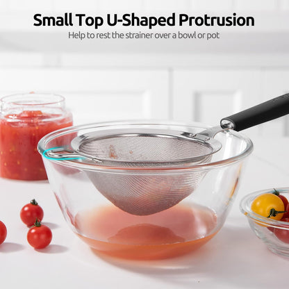 18/8 Stainless Steel Mesh Strainer: U-Taste 5.5 Inch Kitchen Fine Mesh Sieve Food Colander with Riveted Sturdy Silicone Handle and 30 Mesh Hole for Straining Flour, Pasta, Fruit, Quinoa(Aqua Sky)