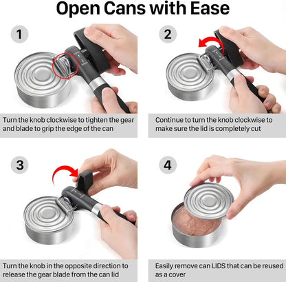 Can Opener, Safe Side Cut Manual Can Opener with Durable Sharp Blade, Smooth Edge Cutting, Effortless Big Knob, Comfortable Grip Handle, Black