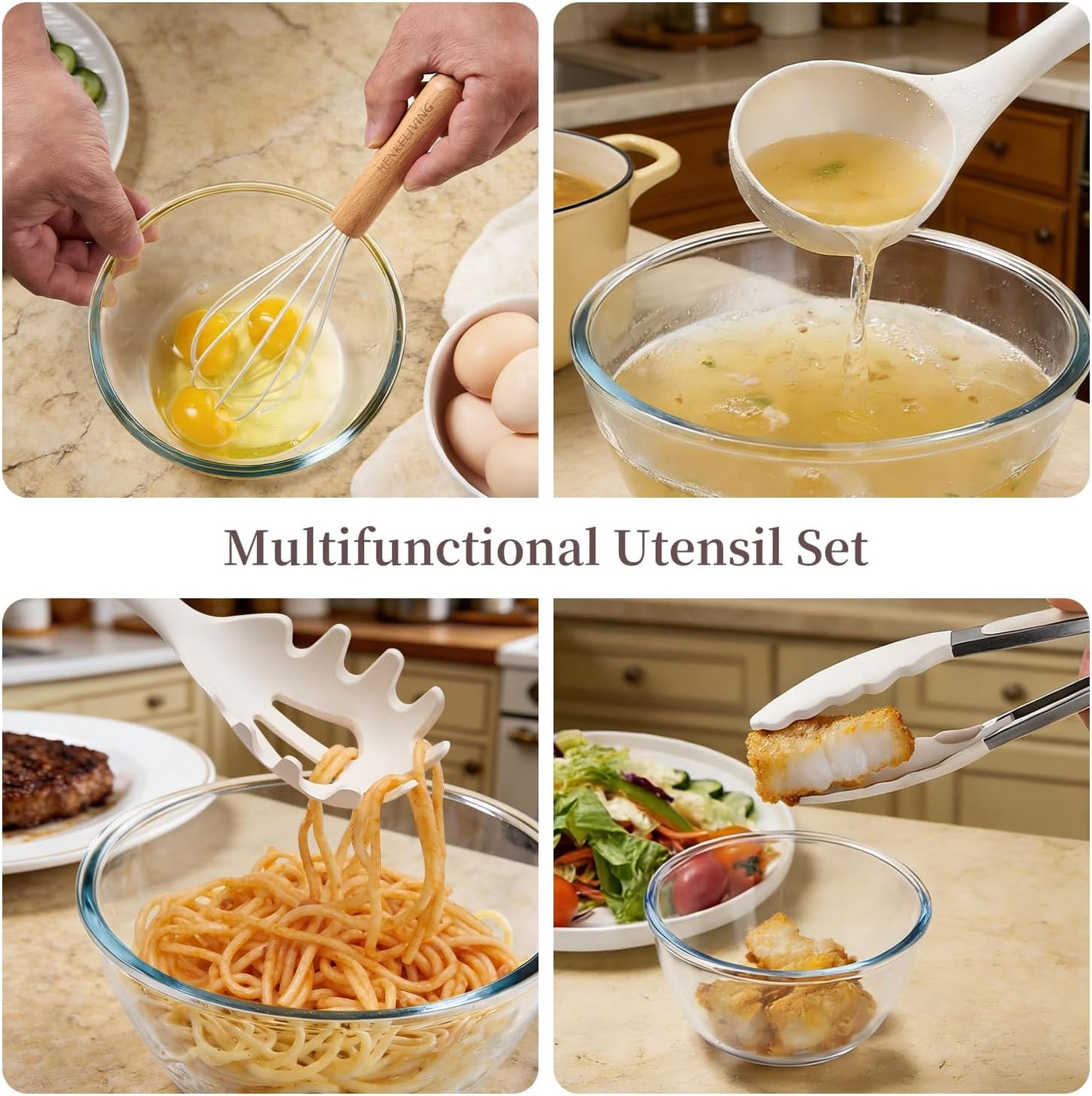 Silicone 10 Pcs Kitchen Cooking Utensils Set, Recycled Materials Certification, BPA Free Spatula Set with Heat Resistant Wood Handles for Nonstick Cookware, Cream White