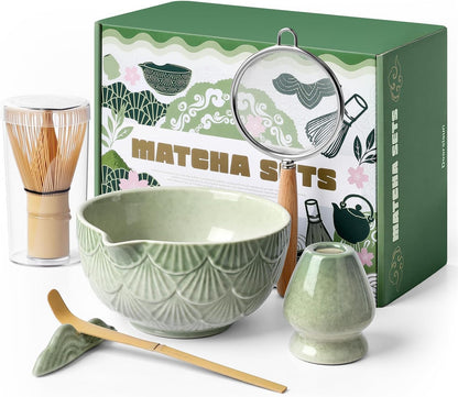 Matcha Whisk Set,Ceramic Matcha Kit Set Includes Matcha Bowl, Bamboo Whisk and Holder, Bamboo Scoop, Scoop Rest and Sifter - 6 Pcs for Tea Ceremony,Gifts for Family/Friend(Mottled Green)