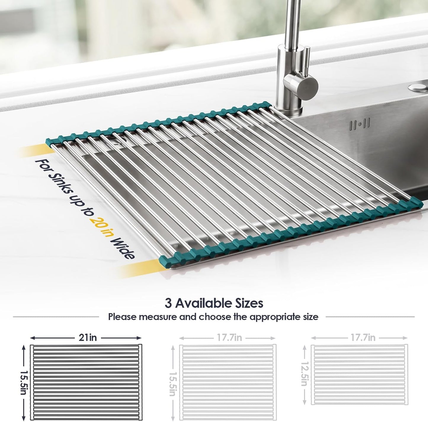 Tomorotec 17.7" x 15.5" Roll Up Dish Drying Rack Over Sink Drying Rack Sink Cover Kitchen Sink Accessories Gadget Multipurpose Organizer Foldable Stainless Steel Drainer