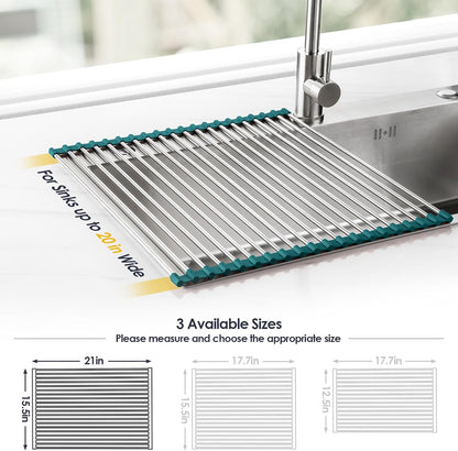 Tomorotec 17.7" x 15.5" Roll Up Dish Drying Rack Over Sink Drying Rack Sink Cover Kitchen Sink Accessories Gadget Multipurpose Organizer Foldable Stainless Steel Drainer