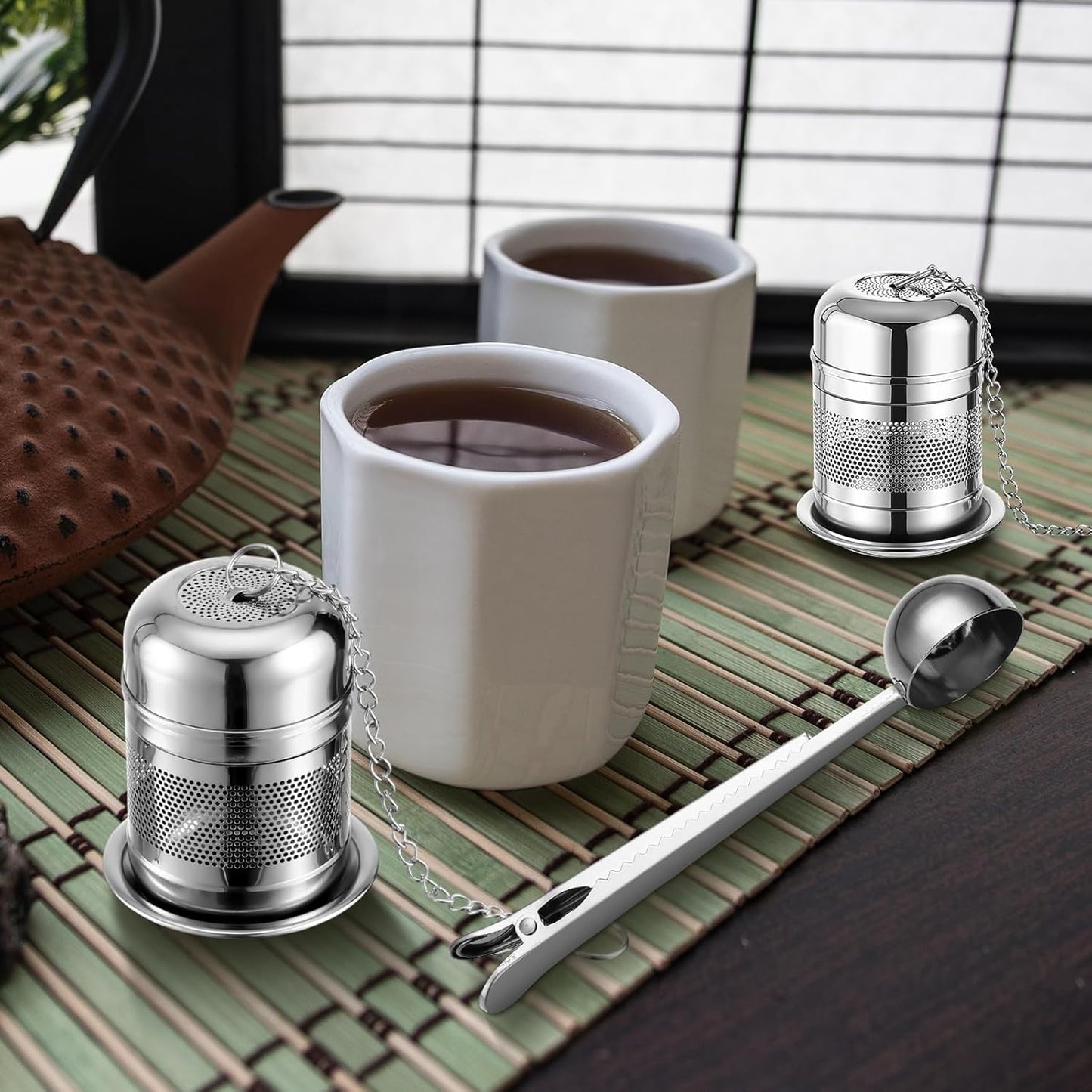 Umigy 4 Pcs Tea Infuser Strainers for Loose Tea with Scoop, Extra Fine Mesh Steeper 304 Stainless Steel Diffuser Leaf Holder with Extended Chain Hook for Brew, Spices, Seasoning, Silver
