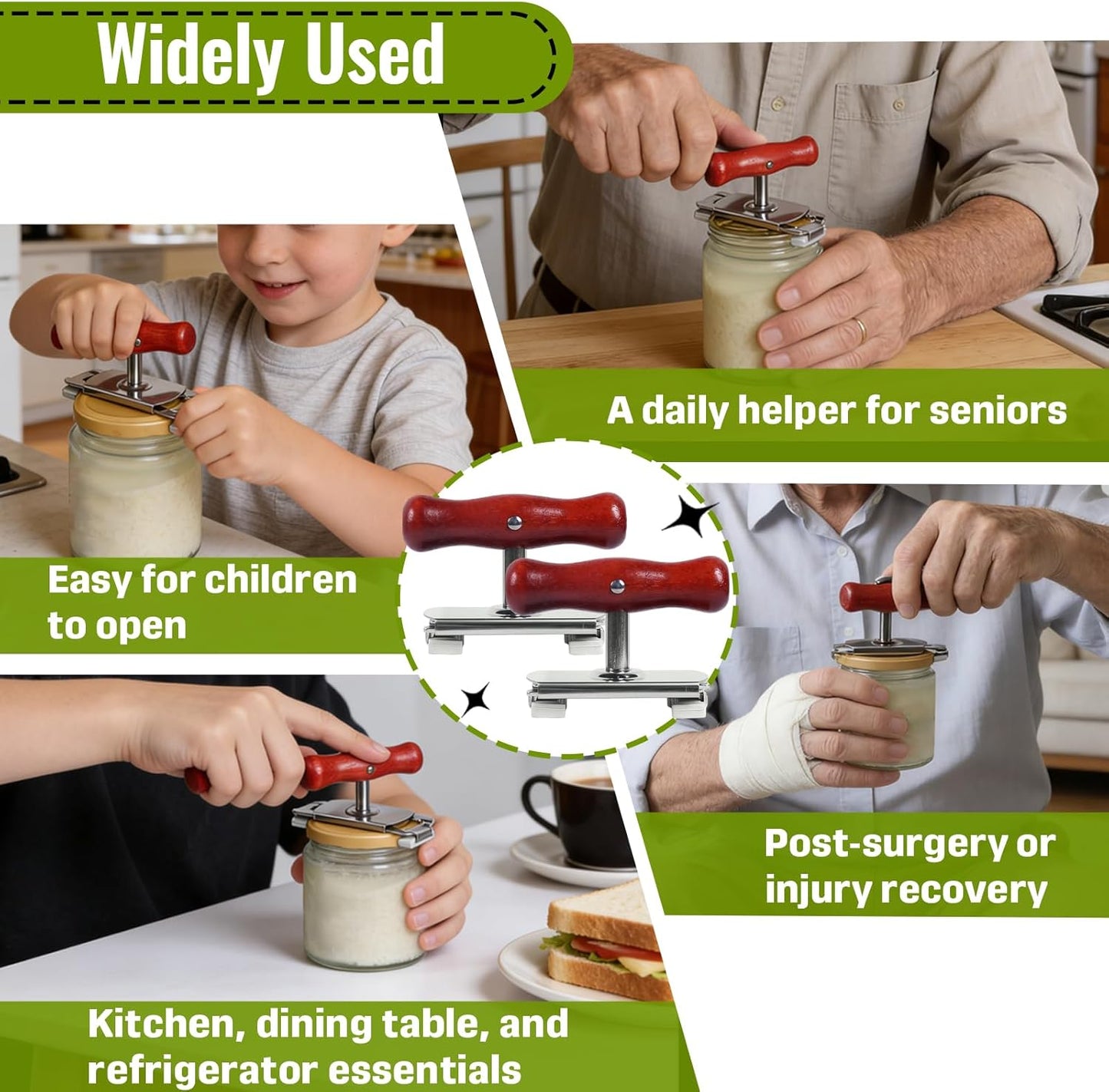 2-Pack Adjustable Jar Opener – Adjustable Lid Remover for Seniors & Arthritic Hands – Heavy Duty Stainless Steel Bottle Opener with Wood Handle & Grips
