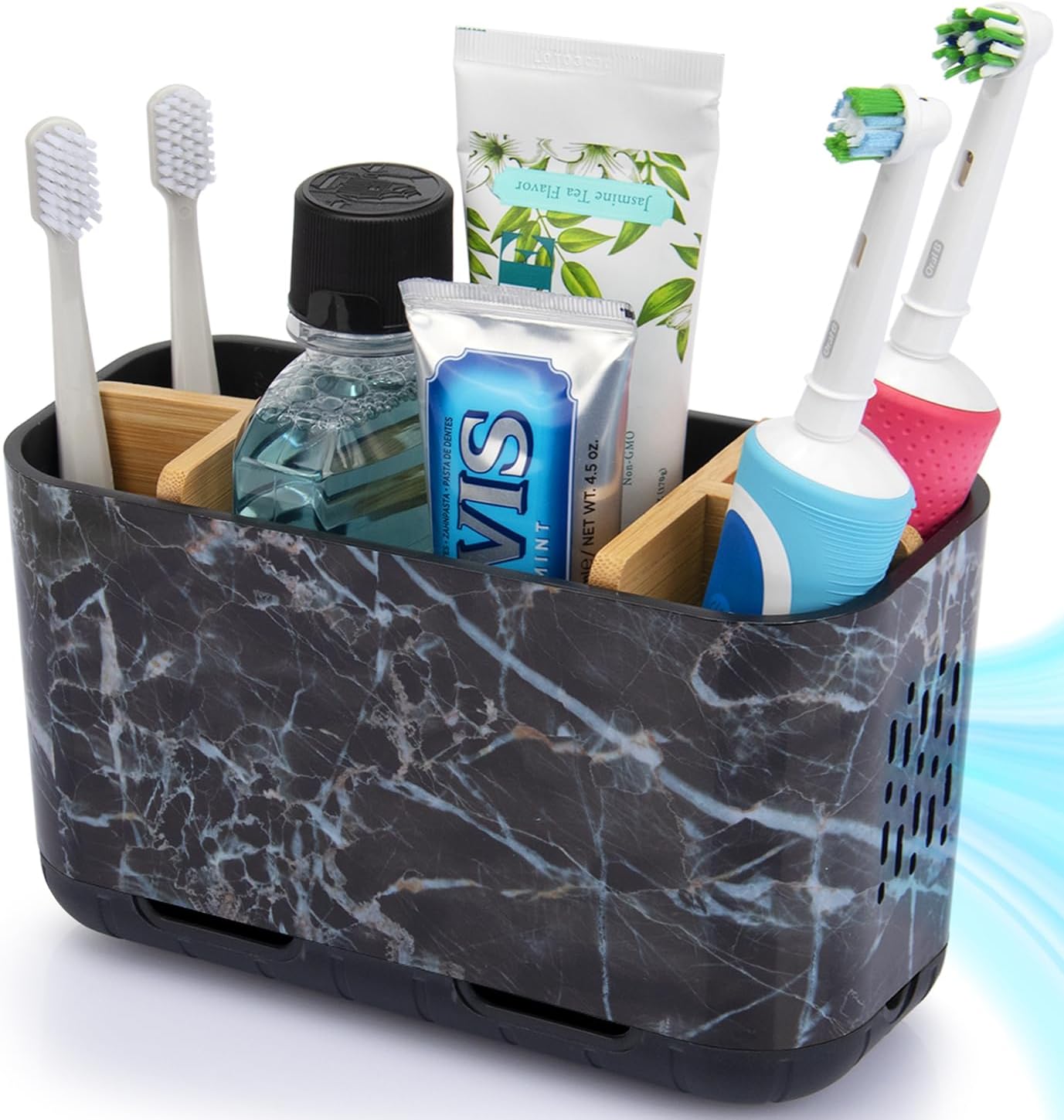 GFWARE Toothbrush Holders for Bathrooms, 5 Slots Bamboo Toothbrush Holder Kids Electric Toothbrush Holder and Toothpaste Holder for Bathroom Countertop Accessories Storage, Marble Toothbrush Organizer
