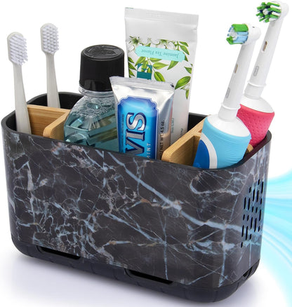 GFWARE Toothbrush Holders for Bathrooms, 5 Slots Bamboo Toothbrush Holder Kids Electric Toothbrush Holder and Toothpaste Holder for Bathroom Countertop Accessories Storage, Marble Toothbrush Organizer