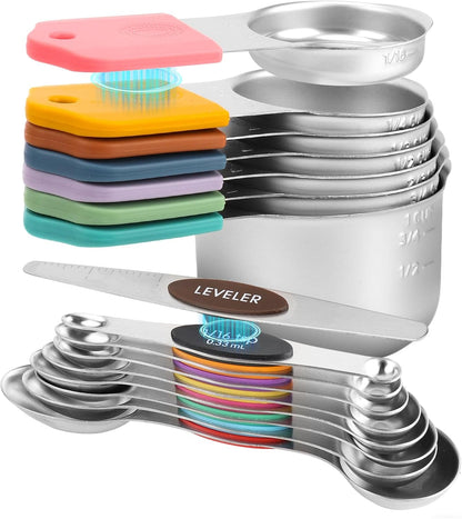 16-Piece Stainless Steel Measuring Cups and Spoons Set, Strong Magnetic Nesting Design 7 Cups 8 Spoons with Leveler, Double Measurement Markings for Dry & Liquid Ingredients, Gold