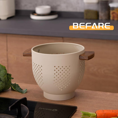 Metal Colander with Wood Handle and Stable Base, 5.5 Quart Powder Coated Steel Kitchen Strainer Basket for Draining Pasta, Vegetable and fruit,Cream