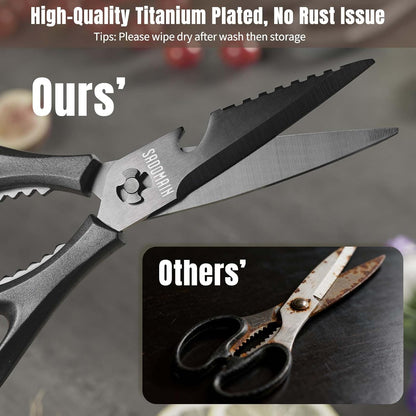 Kitchen Scissors All Purpose, Extra Sharp Kitchen Shears with Knife Sharpener & Sheath, Solid & Durable Stainless Steel Scissors with ANTI-RUST Black Titanium Plated, Dishwasher Safe - Green