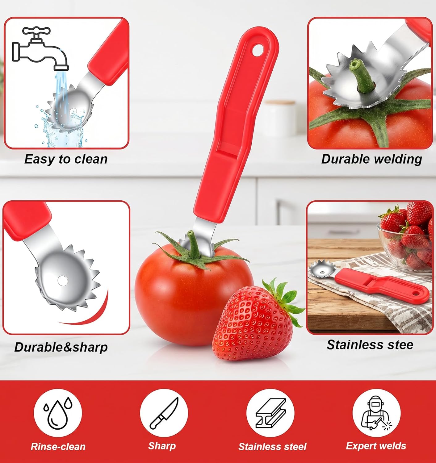 5 Pcs Tomato Corer Tool, Stainless Steel Tomato Corer, Multi-Purpose Strawberry Corer with Plastic Handle for Fruit Stem Remover Kitchen Tool
