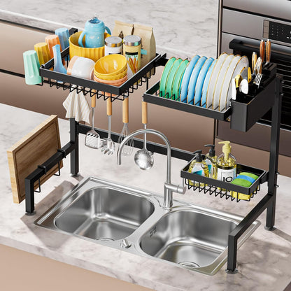 YKLSLH 4 Baskets Over The Sink Dish Drying Rack, Extendable Large Capacity Sink Rack, Metal Drying Rack Saving Space,for Most Sinks (26.57"-35")