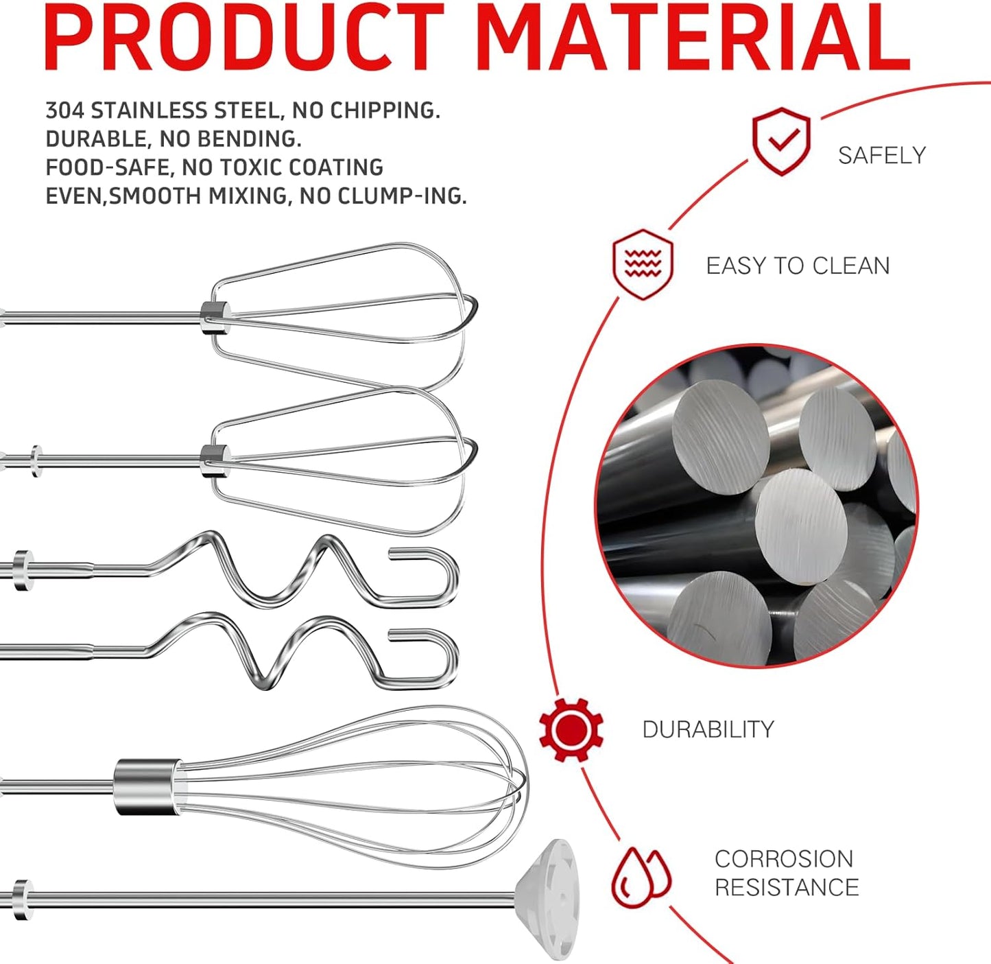 Hand Mixer Attachments Beater 6Pcs, Whisk, Blending Rod and Dough Hooks, Stainless Steel Hand Mixer Accessories for Kitchenaid Hand Mixers KHM3 KHM5 KHM7 KHM9, Dishwasher Safe