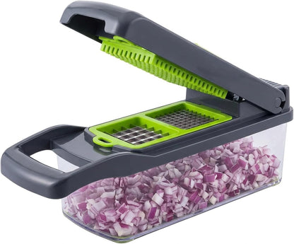 14-in-1 Vegetable Chopper and Onion Slicer, Mandolin Slicer with Container, Multi-Functional Food Dicer, Gray, Stainless Steel Blades