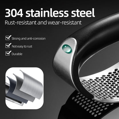 Stainless Steel Garlic Press and Garlic Peeler Set, Rust Proof Kitchen Garlic Mincer Crusher Squeezer with Ergonomic handle, Ginger Crusher with Good Grip, Easy to Clean, Dishwasher Safe (Black)