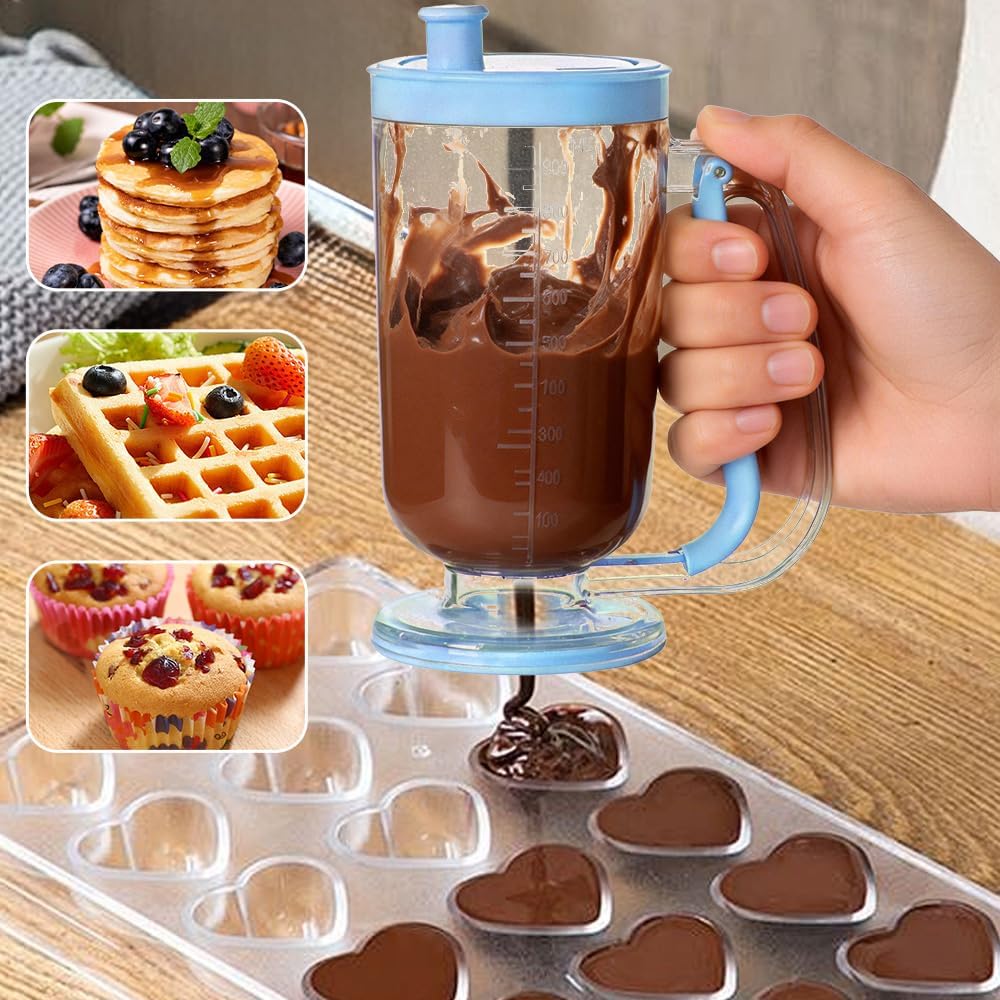 Pancake Batter Dispenser with Built-in Mixer Handle - No-Drip Handheld Funnel for Pancakes, Baking, Waffles, Cupcakes & Muffins - Easy Squeeze Baking Tool for Perfect Portions