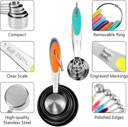 Accmor 11 Piece Stainless Steel Measuring Spoons Cups Set, Premium Stackable Tablespoons Measuring Set for Gift Dry Liquid Ingredients Cooking Baking
