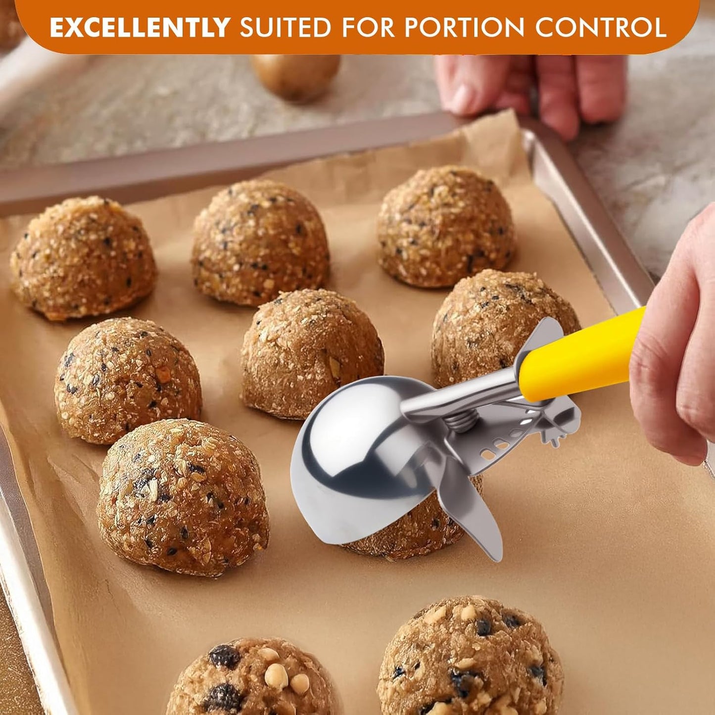 JUNADAEL J Portion Scoop, #20/2 OZ Ice Cream Scooper, Muffin Scoop, Disher, Yellow Handle, for Portion Control, Cookie Dough, Muffin, Cupcake Batter, Ice Cream, Mashed Potatoes