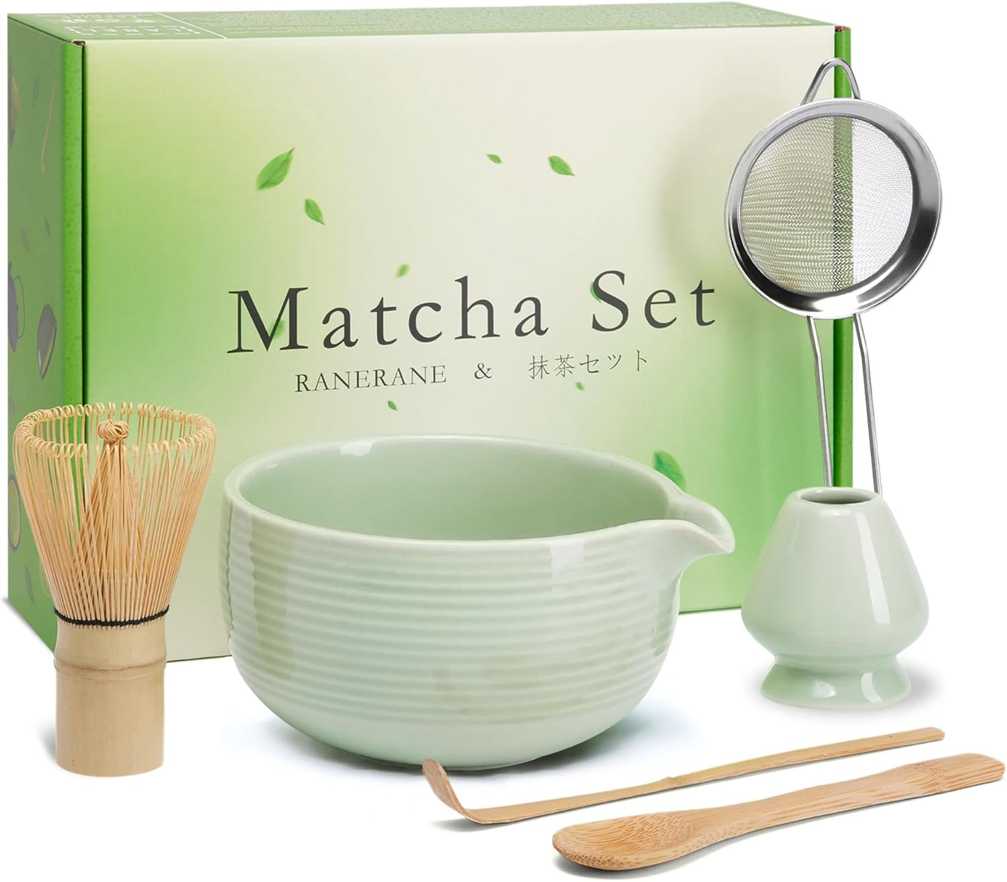 6-Piece Matcha Set, Matcha Whisk (Chasen) & Holder, Matcha Bowl with Spout, Sifter & Spoon, Bamboo & Ceramic, Dark Green