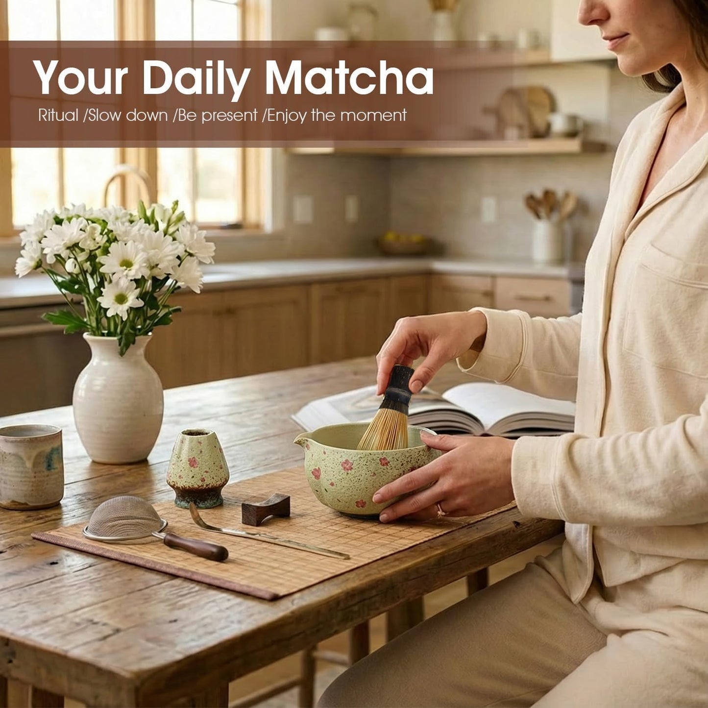 Matcha Whisk Set, 7-Piece Matcha Kit with Ceramic Bowl, Bamboo Whisk, Scoop, Sifter, Holder & Bamboo Mat – Premium Matcha Tea Set for Beginners & Matcha Lovers, Gift Ready