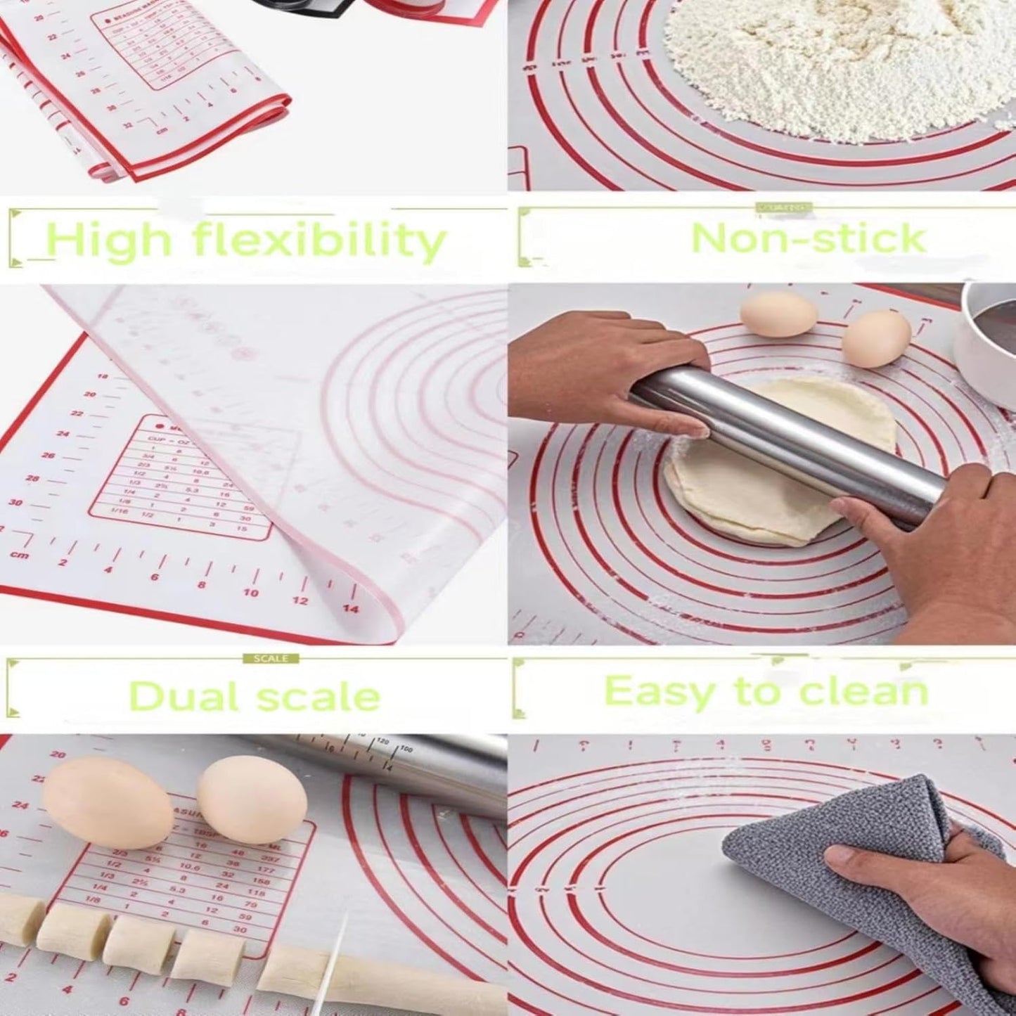 Rolling Pin with Adjustable Thickness Rings and Silicone Baking Pastry Mat Set for Baking,Stainless Steel Dough Roller,Baking Supplies for Cookie Fondant Pizza Cake Pasta(Red)