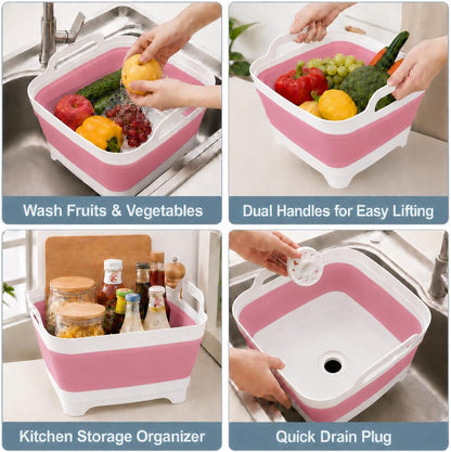 2.4 Gal(9L) Collapsible Dish Basin with Drain Plug, Space Saving Outdoor Multiuse Foldable Sink Tub, Dishpan, Kitchen Storage Tray for Camping, Vegetable Washing, RV (Gray)